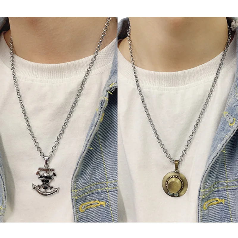 Anime One Piece Metal Necklace Luffy Ace Pirate Skull Hat Pendant Chain Choker Man Cartoon Necklaces Charm Jewelry Collar Gift