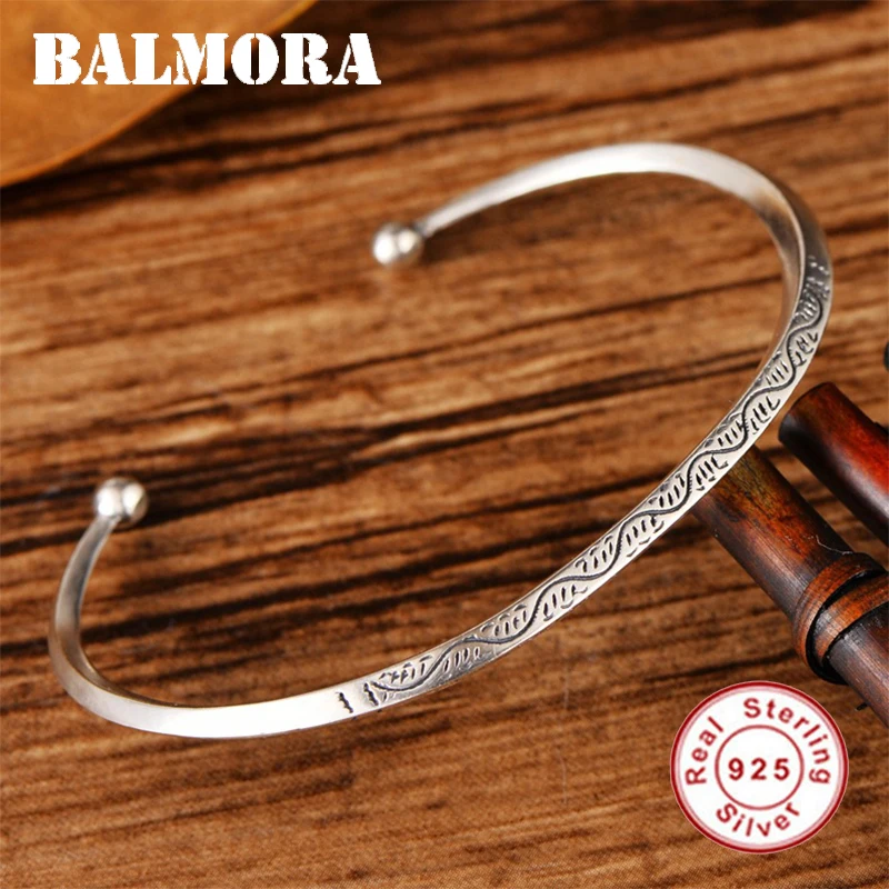 

BALMORA Solid 925 Sterling Silver Wave Pattern Double Sided Cuff Bangles About 17cm for Women Gift Fashion Jewelry Accessories