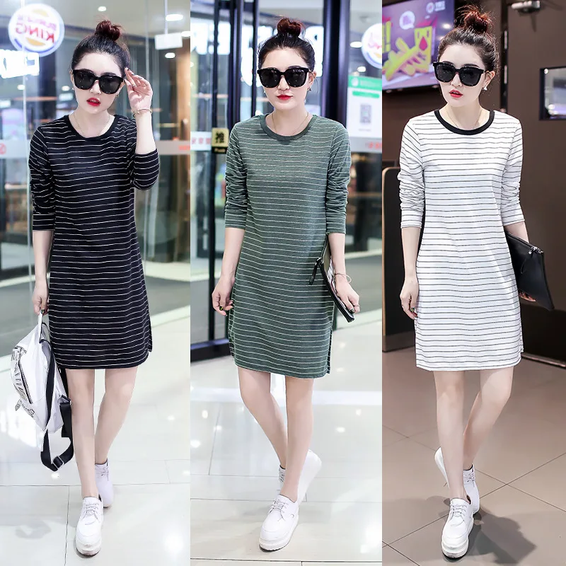 

Photo Shoot Mid-length Long Sleeve Women's Stripes Slit Loose-Fit Slimming Dress Students Tide 9-23