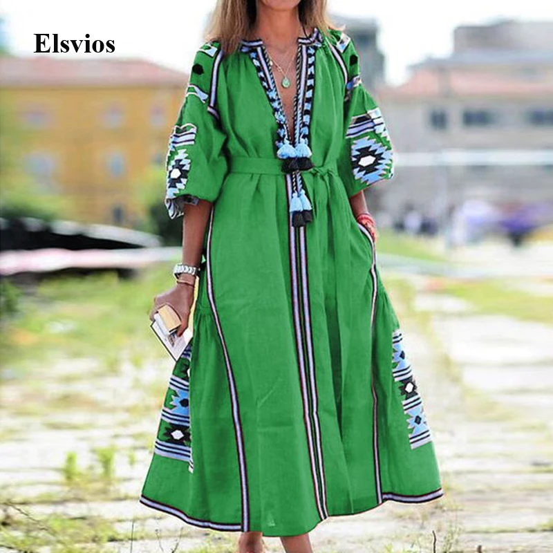 Autumn Three-Quarter Puff Sleeve Long Dress Women V Neck Tassel Party Dress 2020 Elegant Floral Print Patchwork Loose Dress XXL Autumn Three-Quarter Puff Sleeve Long Dress Women V Neck Tassel Party Dress 2020 Elegant Floral Print Patchwork Loose Dress XXL