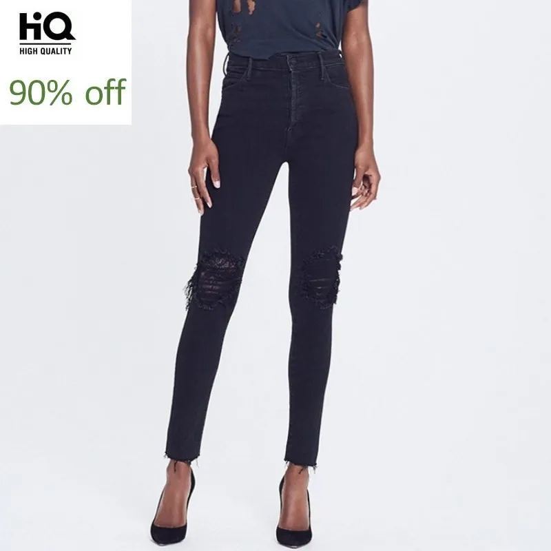 

Top Quality High Waist Hole Ripped Lace Womens Pencil Pants Slim Fit Ladies Ankle Length Trousers Fashion Black Denim Pants