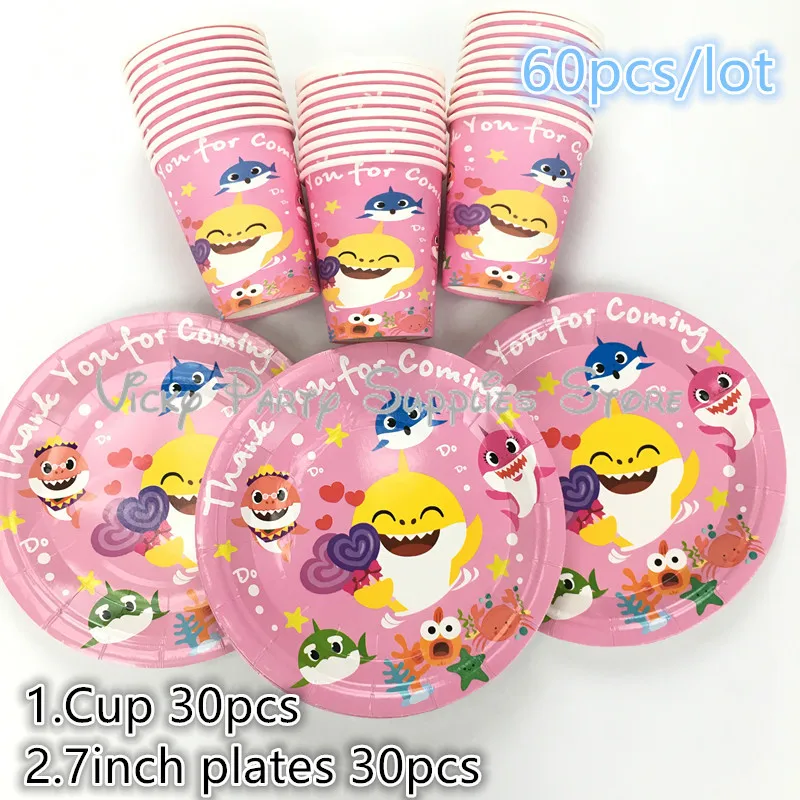 

60pcs/lot Pink Cartoon Shark Disposable Tableware Set Baby Shark Birthday Baby Shower Party Cup Plate Party Decorations Supplies