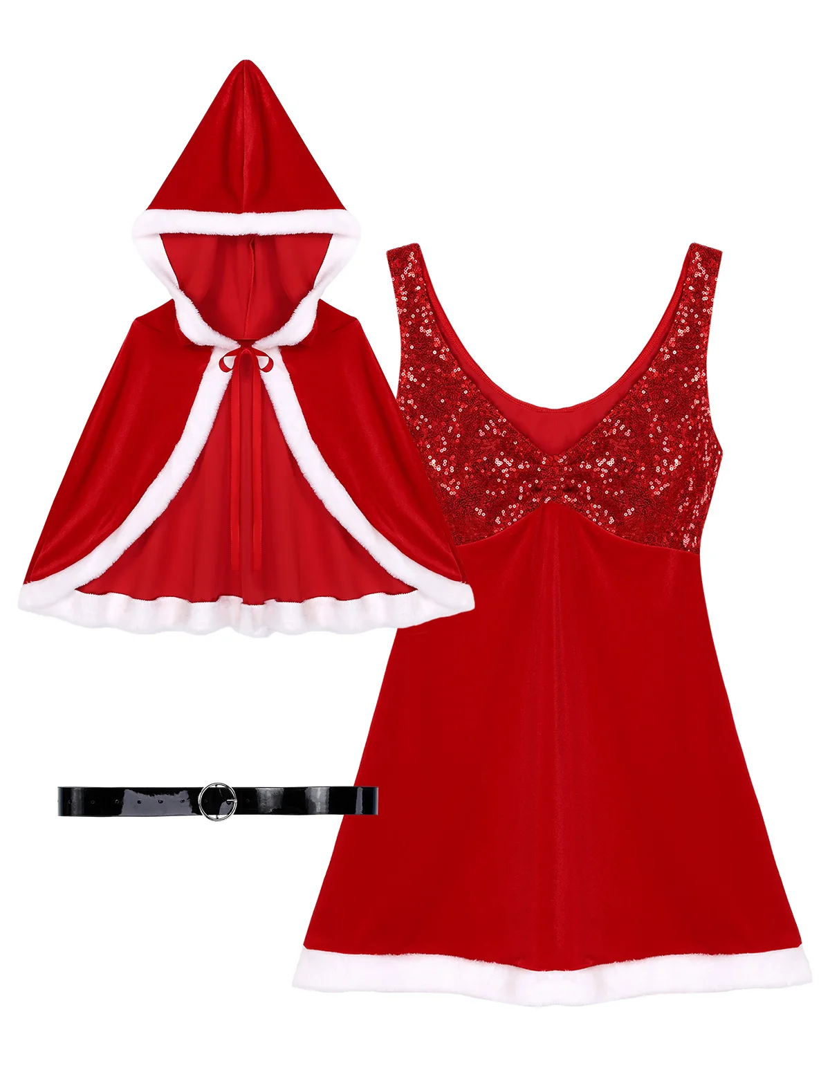 DPOIS, Женская рождественская одежда, маскарадный костюм Санта-Клауса На Хэллоуин для взрослых, блестящее платье, накидка и пояс, новогодний костюм