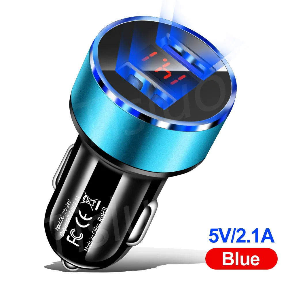 blue Автомобильное зарядное устройство с двумя usb-портами, светодиодный дисплей, быстрое зарядное устройство для samsung S8, S9, Xiaomi, huawei, iPhone Xs, мини USB, автомобильное зарядное устройство - Тип штекера: blue