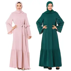 Женское мусульманское платье макси с расклешенными рукавами и поясом, Абая кафтан, Коктейльные Вечерние платья, арабское исламское платье