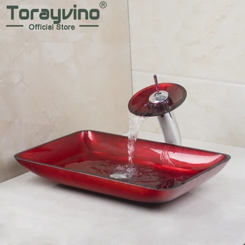 

Torayvino Red Rectangular Hand Paint Washbasin Tempered Glass Basin Sink Deck Mounted Sink Bathroom Faucet Set With Pop-up Drain