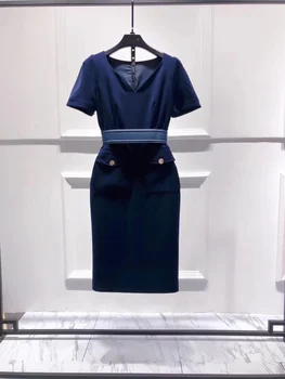 

Plus size Women pencil dress summer 2020 short sleeve pockets front wide belt sexy dresses navy blue burgundry