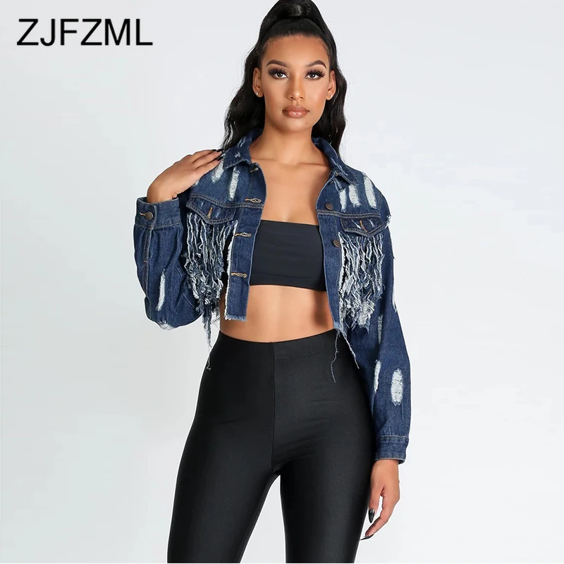 Сексуальная рваная осенняя куртка с кисточками Женская винтажная длинным