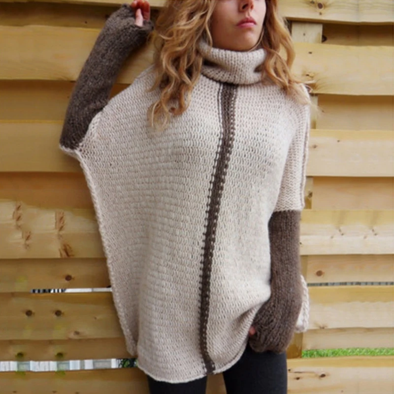 

Winter Patchwork Long Sweater Women Loose turtleneck Plus Size sweater 2019 Fashion pullover European Casual Female Clohting