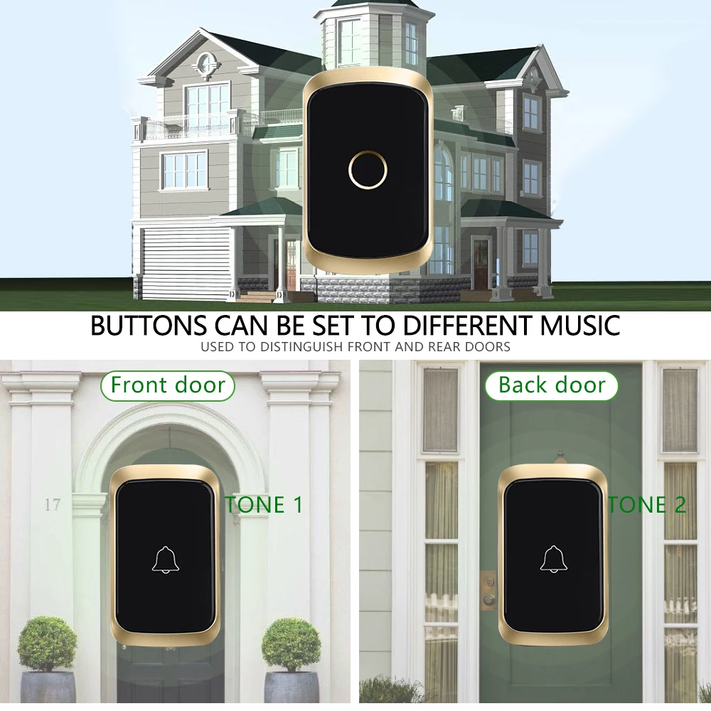 CACAZI Smart Home Welcome Wireless Doorbell 433Mhz 36 Songs Waterproof LED light Cordless Chimes Door Calling Bell US EU UK Plug wireless doorbell