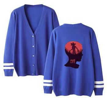 

Women Stranger Things Cardigan Sweater Autumn Unisex Print Warm Sweater V-Neck Long Sleeve Crochet Knit Sweater Lovers Sweater
