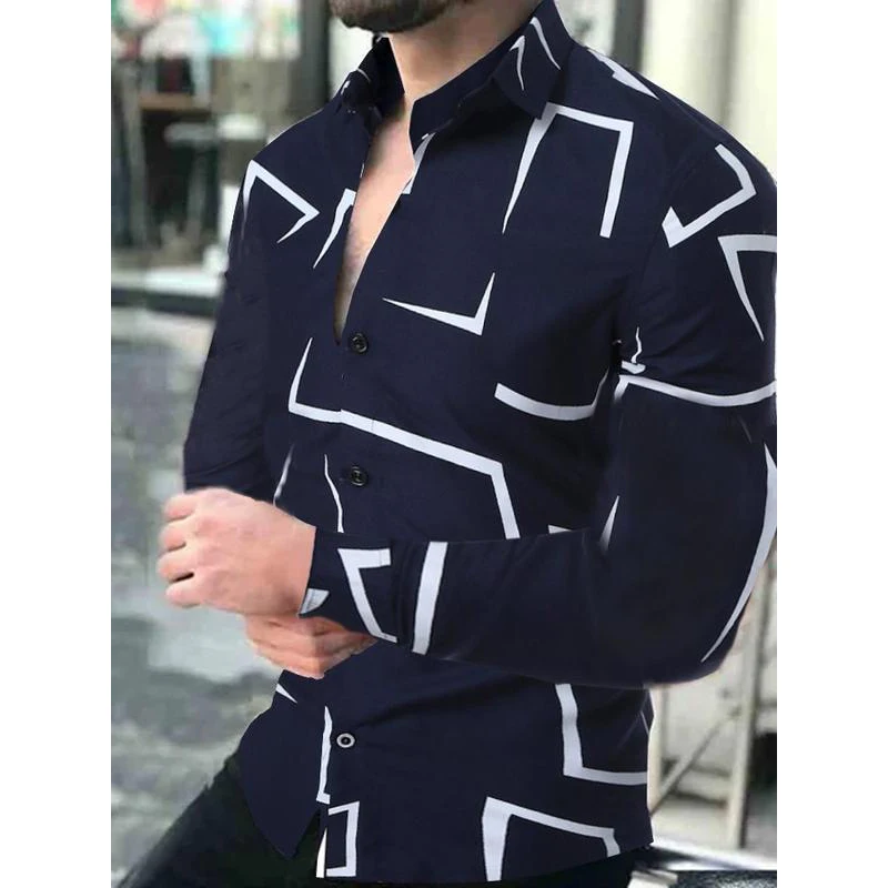 2021 New Geometric Print Shirts Men Fashion Turn-down Collar Buttoned Shirt Men's Autumn Casual Long Sleeve Cardigan Streetwear