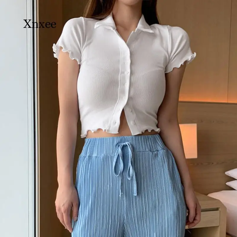 

2021 British Knitted Lapel Ribbed t Shirts Short Sleeve Basic Tops Women Summer Tees Fashion Casual Streetwear Slim Cardigan