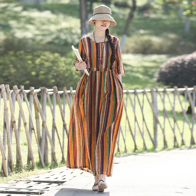 

2019 Summer Wear New Style Travel Artistic Cotton Linen Large Size Dress Waist Hugging Slimming Printed Dress Women's
