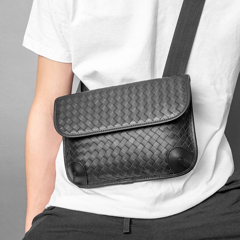 Chest Bag Men Authentic Leather Weave Luxury Brand Design Crossbody Shoulder Bag Multi-Functional Simple Messenger Bag 2021 New