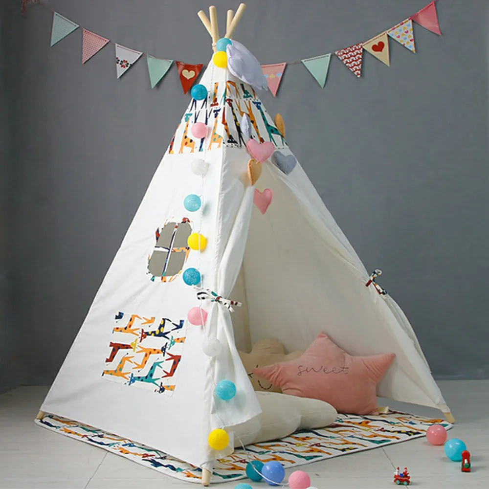 Большая палатка teepee, Детская Хлопковая парусиновая палатка для ролевых игр для мальчиков и девочек с вигвам, подарок, игровой домик, кружевная мультяшная индийская палатка-вигвам - Цвет: WJ3687F