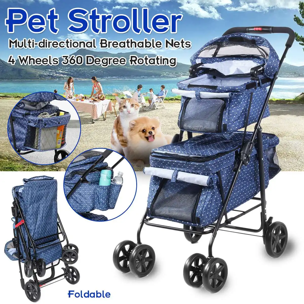 WINGOFFLY Double-Deck 4 Wheels Pet Dogs Cats Stroller with Cup Holder