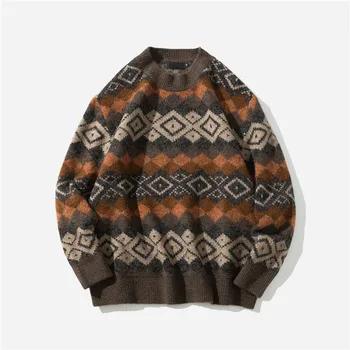 

Men's Sweater 2020 New Spring Autumn Geometric Print Sweater Pull Homme Casual Loose Vintage Pullover Sweaters Men