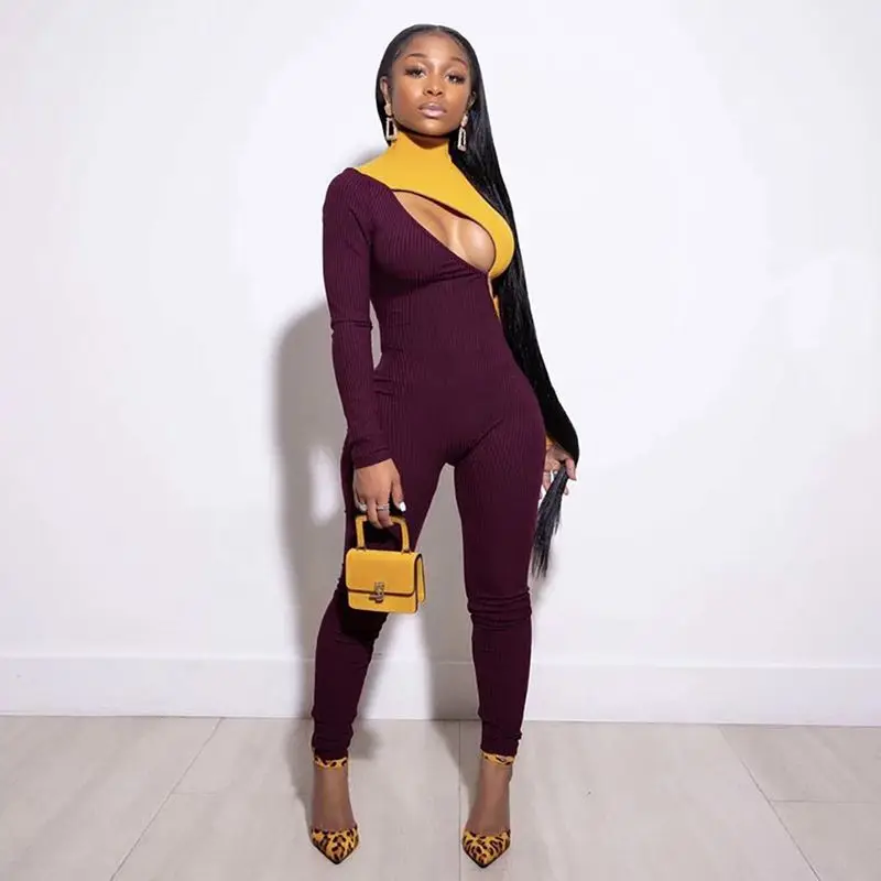 ZKYZWX Сексуальная молния Полые Bodycon Комбинезоны Женский комбинезон ребра вязать тело клуб наряд цельный длинный рукав комбинезон с высоким воротом
