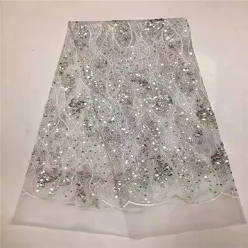 

African Lace Fabric 2019 High Quality Lace Sequins Fabric French Nigerian Lace Fabric 3d Embroidery Wedding Lace Silver