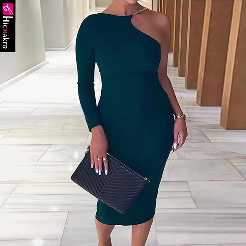Women One Shoulder Bodycon Midi Dress Solid Chic Stretch Spring Fall Knee-length Sexy &amp Club Party Vestido | Женская одежда