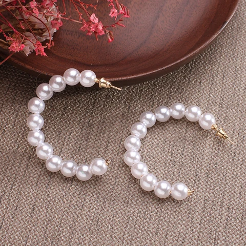 Plain Gold Color Metal Pearl Hoop Earrings Fashion Big Circle Hoops Statement Earrings for Women Party Jewelry