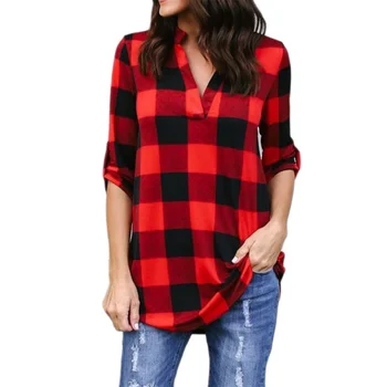 

Women Plus Size Plaid Casual Loose Long Shirts Female Vintage Long Sleeve V Neck Blouse Tops 5XL