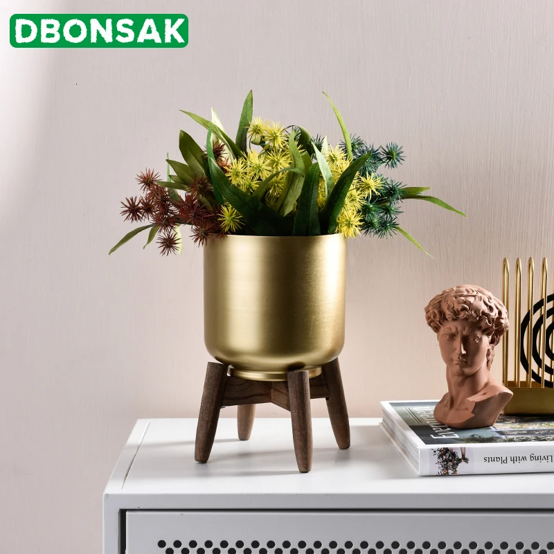 Nordic Wooden Frame Metal Flower Pot Golden Succulents Vase Stand Shelf Rack Home Decoration | Дом и сад
