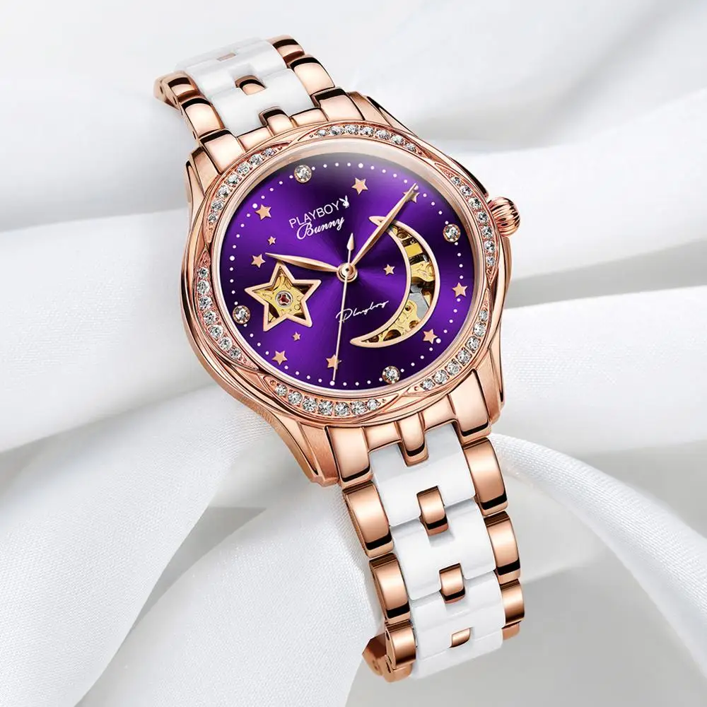 

Women's automatic mechanical wristwatch casual style with tungsten steel watchband hollow design ladies luxury brand clock