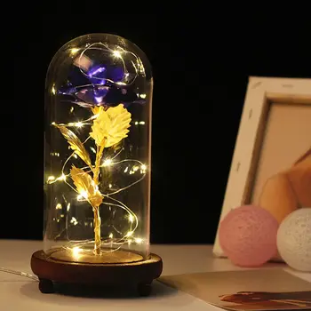 

Artificial Gold Foil Rose Flower And USB Powered LED Light String In Glass Dome On Wooden Base The Best Gift For Women