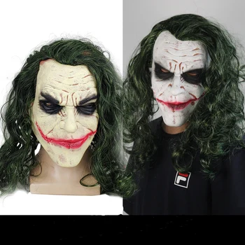

Joker Mask Movie Batman The Dark Knight Cosplay Horror Scary Clown Mask with Green Hair Wig Halloween Latex Mask Party Costume