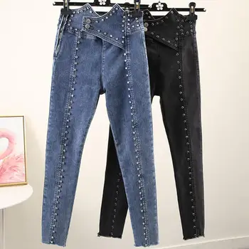 

Heavy work beaded side zipper irregular jeasn women high waist autumn stretch ankle length pencil jeans