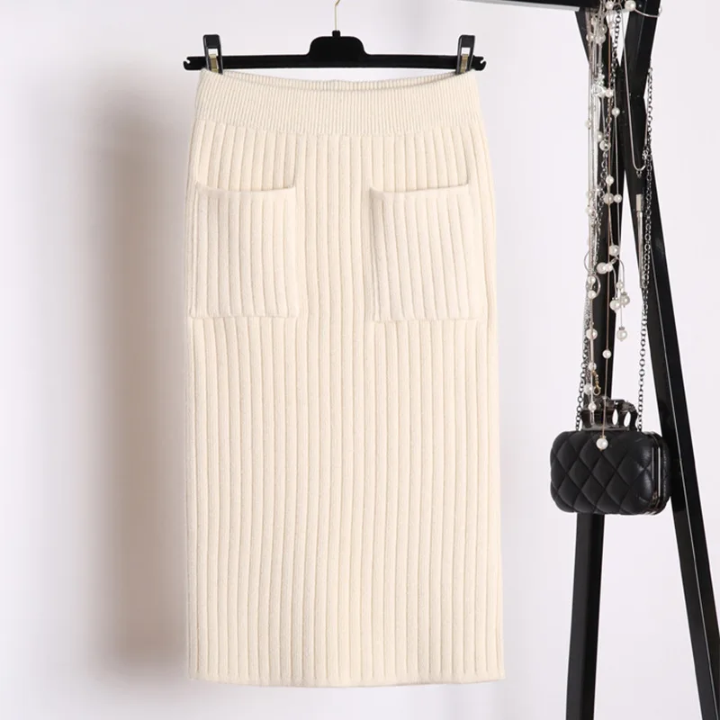 Thick Warm Split Women Pencil Skirts Bodycon High Waist Stretch Women Knitted Skirt Women Skirts Office Wear Clothing Female