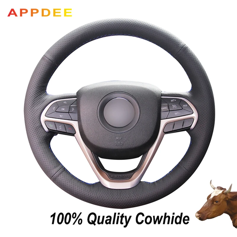 Hand-stitched Black Genuine  Leather Steering Wheel Cover for Jeep Grand Cherokee 2014 2015 2016
