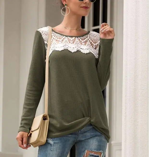 

Women Spring Fashion Lace Patchwork Tops O Neck Long Sleeve Shirt Ladies Tops Tee Elegant tshirt Slim Fit Casual Top