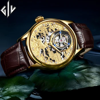 

GIV Real Tourbillon Mechanical Hand Wind Watch Men Top Brand Luxury Sapphire Waterproof Skeleton Dog Dial montre homme Clock