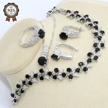 Черный Белый Циркон 925 стерлингового серебра набор украшений для женщин с браслетом обруч серьга, ожерелье, подвеска подарочные коробки для колец
