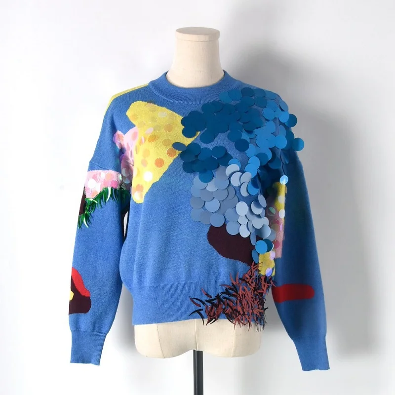 

2019 Fashion Blue Sequins Women Sweaters and Pullovers Runway Tassel Long Sleeve Female Knitted Sweater Jumper Winter Clothes