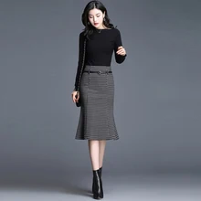 Осень зима шерстяная стеганая клетчатая юбка, модная женская юбка, Корейская Юбка До Колена с высокой талией, женские повседневные юбки рыбий хвост