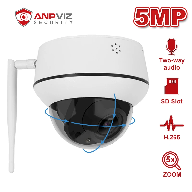 Anpviz 2MP/5MP WIFI PTZ IP Camera 5X Zoom Wirelese Security Camera Two-Way Audio and SD Card Slot IR 30m IP66 H.265 Onvif