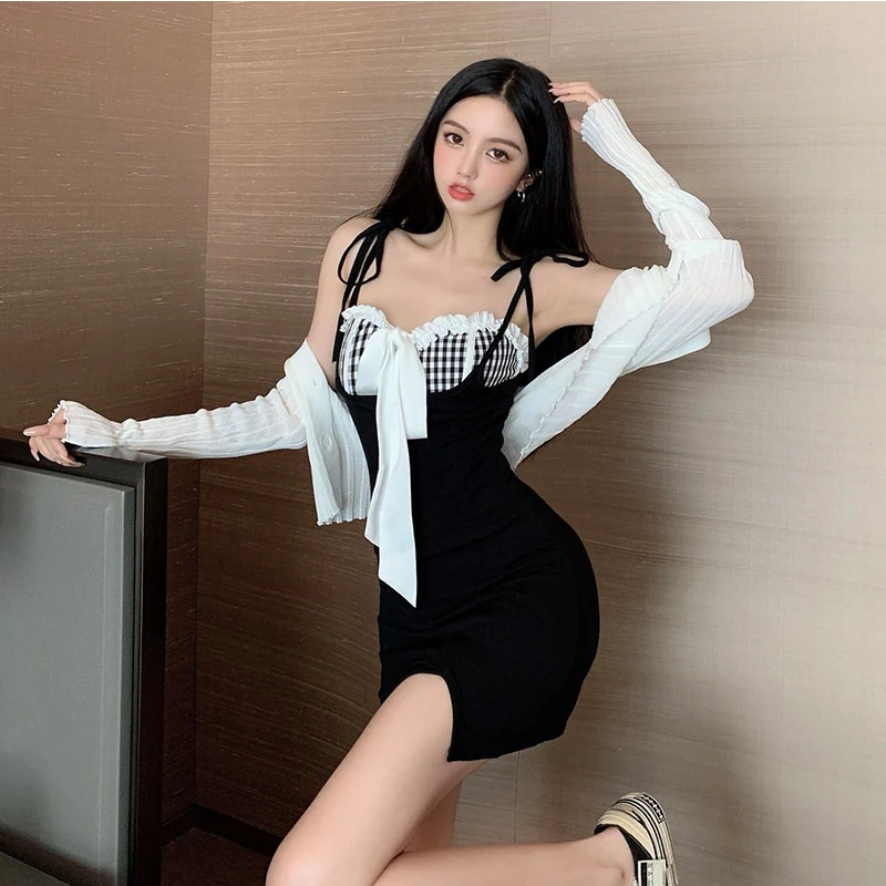 

Summer Women's Sexy Spaghetti Strap Dress Bandage Slim Split Package Hip A-Line Dresses White Knitted Cardigans