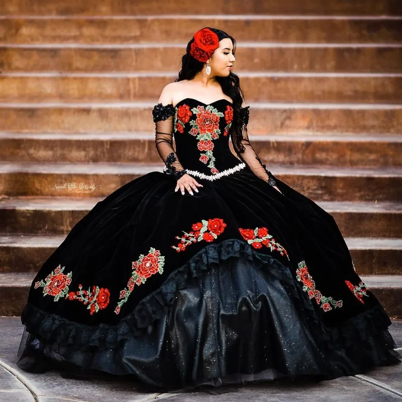 Мексиканские черные платья Quinceanera с длинным рукавом аппликация бисером бальное