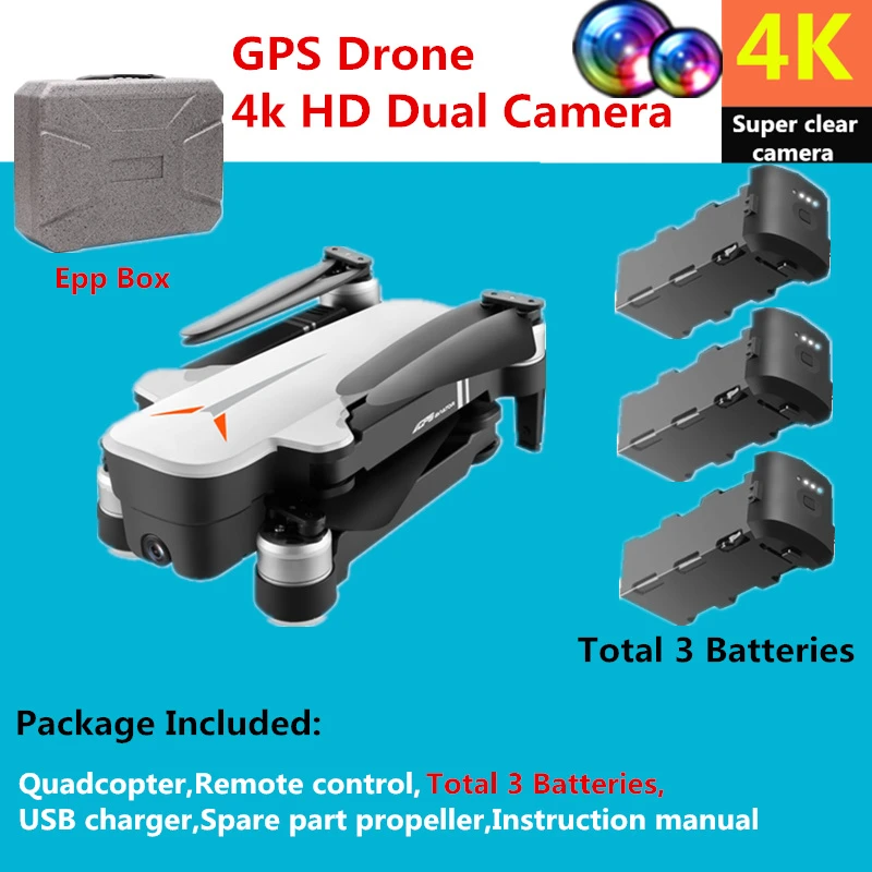 RC Дрон с GPS 4K 5G Квадрокоптер с широкоугольной камерой, складной Квадрокоптер с оптическим потоком VS F11 B4W SG906 - Color: Epp Box 3 Batteries