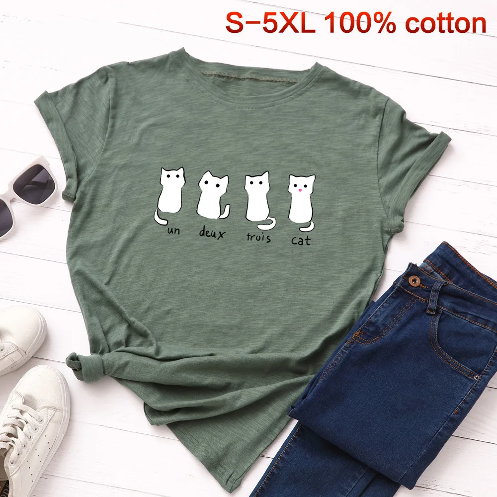 Lovely Four Cat Letter Print T Shirt Women Cotton O Neck Short Sleeve T-shirt Harajuku Tops Tee Camisetas Verano Mujer | Женская одежда