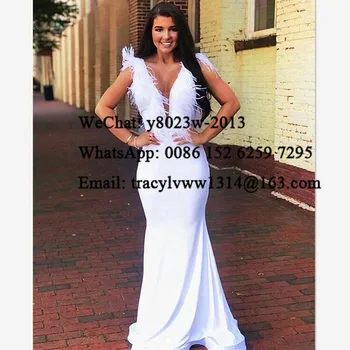

White Mermaid Evening Dress With Feather 2020 Sexy Deep V Neck Sleeveless Women Long Prom Dresses Party Robe De Soiree