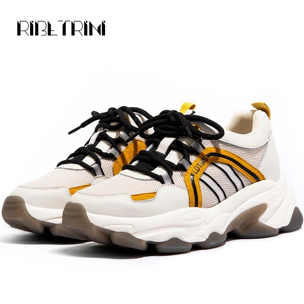 

RIBETRINI Genuine Leather Sneakers for Women 2019 Ins Hot Thick Heels Platform Shoes Woman Spring Autumn Casual Dress Sneakers