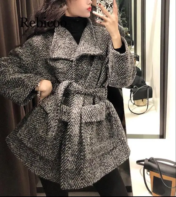 Rebicoo модное зимнее шерстяное пальто новое женское повседневное толстое бархатное шерстяное пальто Женская свободная шерстяная куртка с поясом