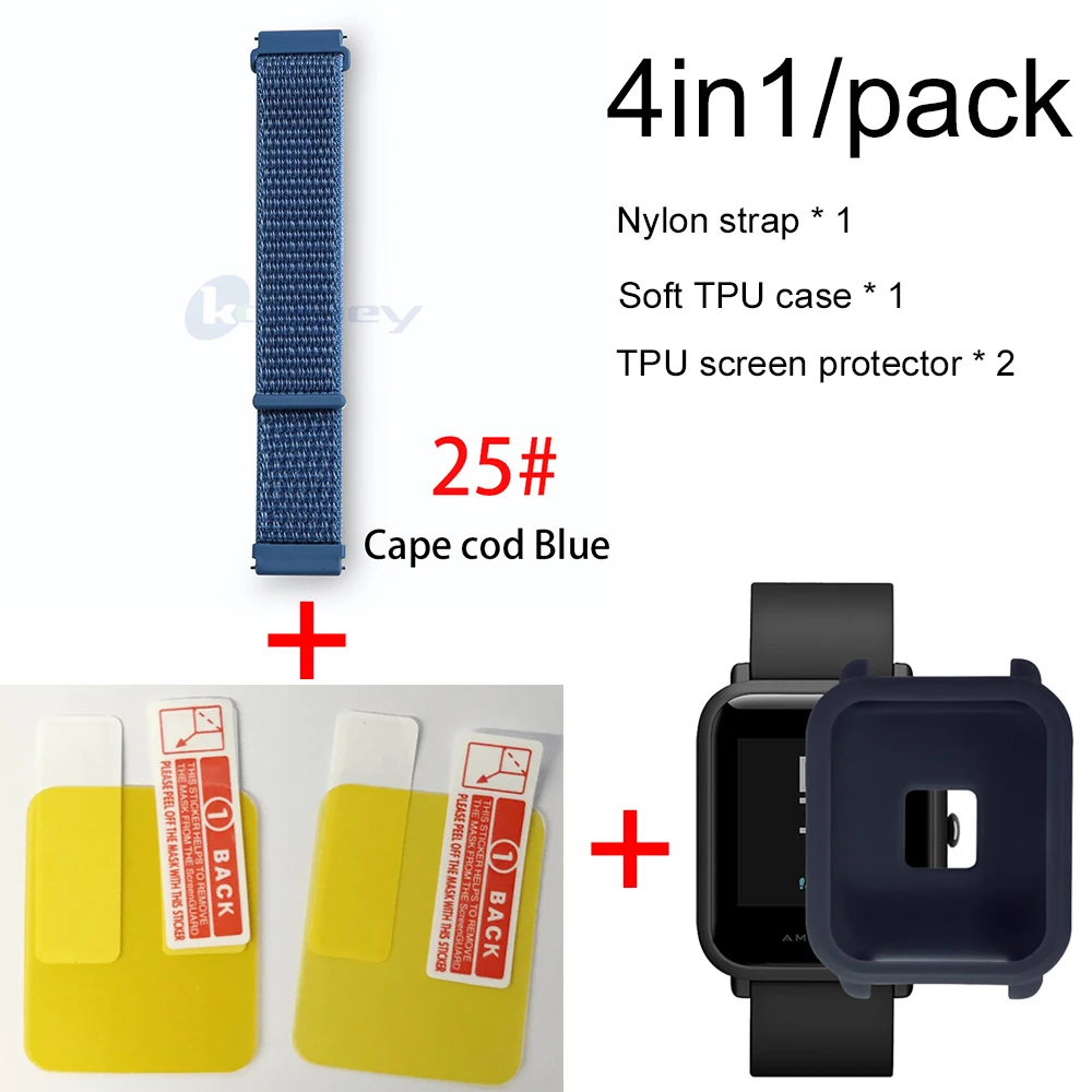 25-Navy blue case 4в1/упаковка нейлоновый ремешок для Xiaomi Huami Amazfit Bip BIT Youth Watch ремешок на запястье браслет Резина Amazfit bip мягкий чехол - Цвет: 25-Navy blue case