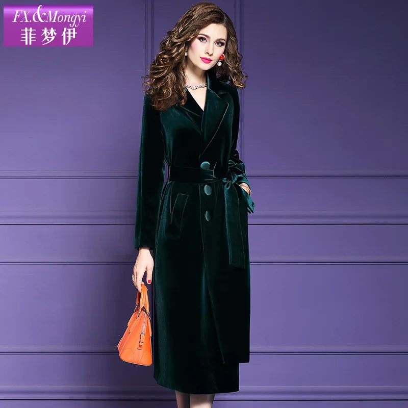 Feimengyi Velvet Trench Coat Women's Winter New Style Fold-down Collar Retro Lace-up Long Sleeve Mid-length Overcoat 21073