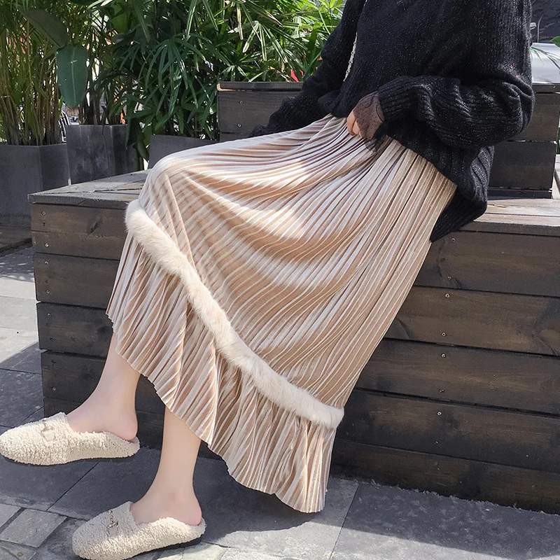 Женская Осенняя облегающая гофрированные длинные юбки из плюша в стиле пэтчворк с кроличьей шерстью, текстурированная эластичная юбка в складку, расширенная юбка зима